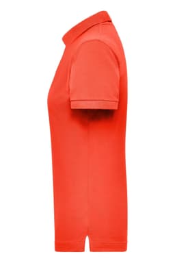 A women’s work polo shirt in bright red, featuring a collar and short sleeves, with a logo on the side.