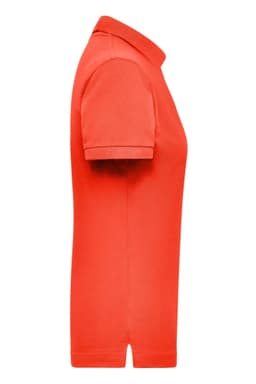 A side view of a red polo shirt designed for women, featuring a collar and short sleeves.