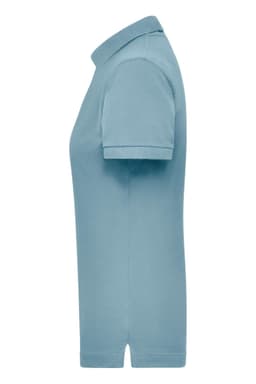A light blue women's polo shirt with a short sleeve and a collar, featuring a logo.