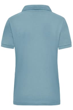 A light blue women's polo shirt with a collar and short sleeves, featuring a logo on the back.
