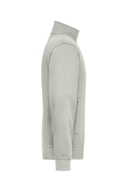 A light grey workwear sweat jacket features a zippered pocket and a high neck design. It has a logo on the front.