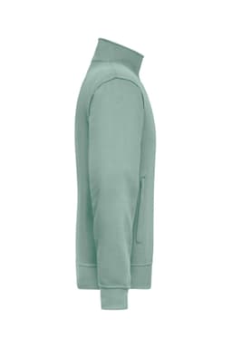 A mint green workwear sweat jacket featuring a high collar and side pockets, with a logo on the sleeve.