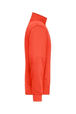 A side view of a bright red workwear sweat jacket featuring a high collar and a zippered pocket.