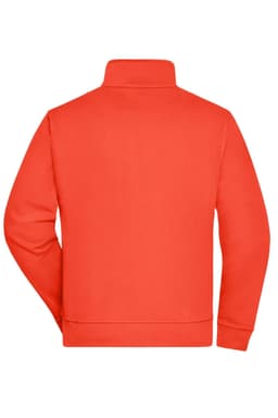 An orange workwear sweat jacket with a high collar and a plain back design. Features a logo on the shoulder.