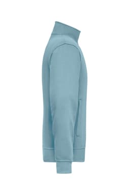 A light blue workwear sweat jacket with a high collar and long sleeves, featuring a side pocket and branding.