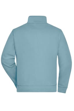 A light blue workwear sweat jacket with a high collar and long sleeves, featuring a logo on the back.