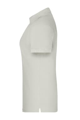 A light grey polo shirt with short sleeves, featuring a collar and a logo.