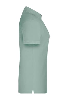 A light green work polo shirt featuring a side view and a collar. It includes a logo on the fabric.