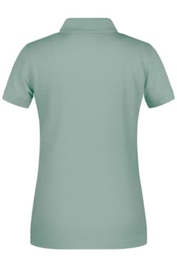 A ladies' polo shirt in a soft green shade, featuring a classic collar and short sleeves. It has a logo on the back.