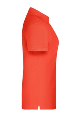 A side view of a bright red polo shirt featuring a collar and short sleeves, with a logo on the chest.