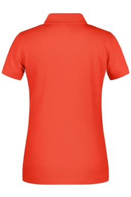 A red ladies' polo shirt with a classic collar and short sleeves, featuring a logo on the back.