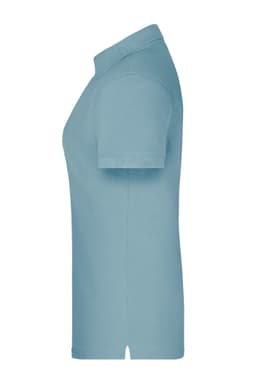 A light blue polo shirt with a classic collar and short sleeves, featuring a logo on the front.