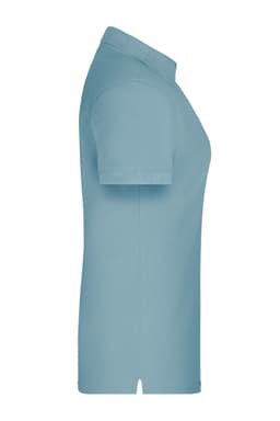 A light blue ladies polo shirt with a classic collar, short sleeves, and a side slit. It has a logo on it.