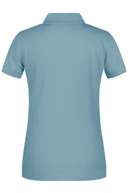 A ladies' work polo shirt in light blue with a collared design and a logo on the back.