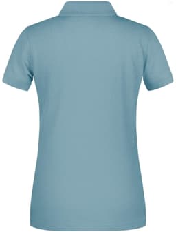 A ladies' work polo shirt in light blue with a collared design and a logo on the back.