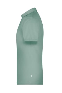 A light green men's polo shirt featuring a collar and a logo at the hem. Suitable for workwear.