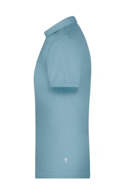 A light blue men's polo shirt with a collar and short sleeves, featuring a logo on the side.