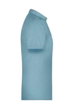 A light blue men's polo shirt in a side view, featuring short sleeves and a collar. It includes a logo.
