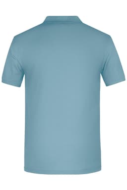 A light blue men's polo shirt with a collar, featuring a logo on the side. The back view is displayed.