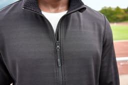 A black men's sports structured fleece jacket featuring a zippered front and textured collar. It has a logo on the chest.