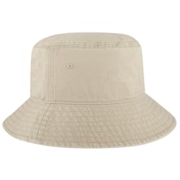 A beige bucket hat with a wide brim and a simple design, featuring a logo on one side.