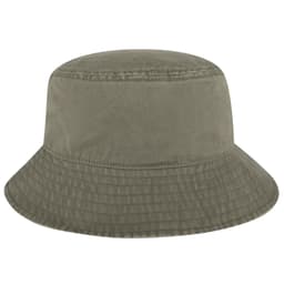 A khaki bucket hat featuring a wide brim and a textured fabric, complete with a logo.