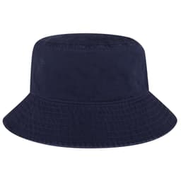 A navy bucket hat with a wide brim and a textured finish, featuring a logo.