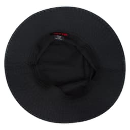 A black bucket hat featuring a wide brim and an inner lining. The hat has a logo inside.