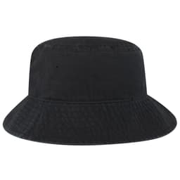 A black bucket hat featuring a wide brim and textured material. It includes a logo on the side.