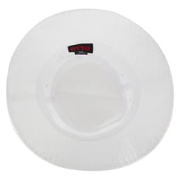 A white bucket hat featuring a wide brim and an internal band, with a logo inside.