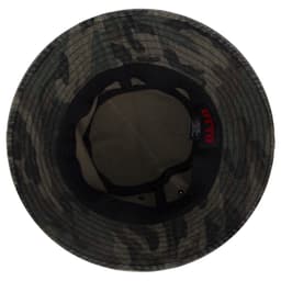 A bucket hat in a dark camo pattern with a branded inner band.