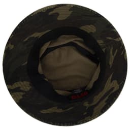 A bucket hat in a camouflage pattern, featuring an inner lining and a branded label.