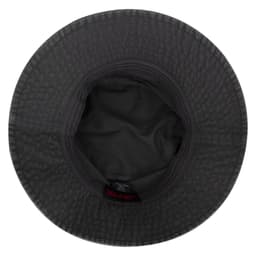 A black bucket hat with a textured pattern, featuring an inner lining and a logo.