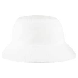 A white bucket hat with a wide brim and a simple design. It features a logo on the side.