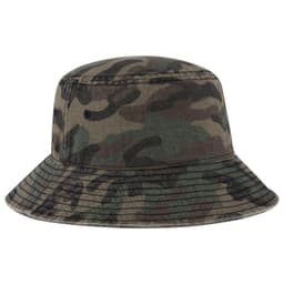 A camouflage bucket hat with a wide brim and a textured fabric, featuring a small logo.