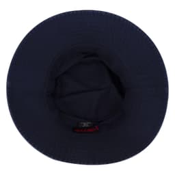 A navy blue bucket hat with a wide brim and an interior lining. It features a logo inside.