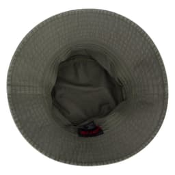 An olive green bucket hat with a textured surface and a logo inside. The interior features a soft lining.