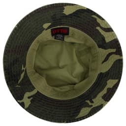 A camouflage bucket hat featuring an inner lining and a brand label inside.