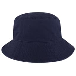 A navy bucket hat with a wide brim and stitching details, featuring one logo on the side.