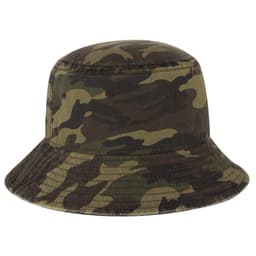 A camouflage bucket hat with a wide brim and a simple design. It features a logo on the side.