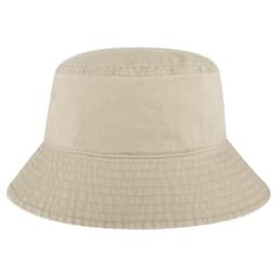 A beige bucket hat with a wide brim, featuring a textured pattern and a small logo.