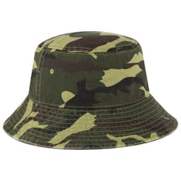 A camouflage bucket hat with a wide brim and a stitched design. It features various shades of green and brown.