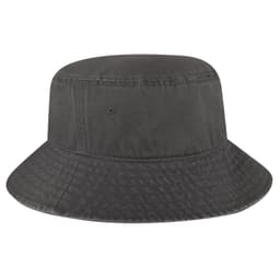 A dark grey bucket hat with a wide brim and a textured fabric. It features small ventilation holes.