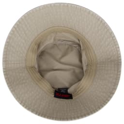 A beige bucket hat with a textured exterior and a smooth interior. It features a logo inside.