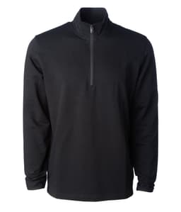 A black quarter zip pullover featuring long sleeves and a front zip. It has a branding logo on it.