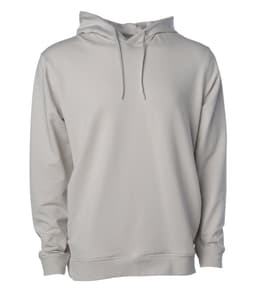 A light grey pullover hooded sweatshirt featuring a front kangaroo pocket and an adjustable drawstring hood.