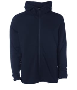 A navy zip-up hoodie with a hood and long sleeves, featuring a front zipper. It has a simple design with no visible logos.