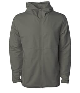 A grey zip-up hooded jacket with a relaxed fit and a front zip closure. Features a logo on the garment.