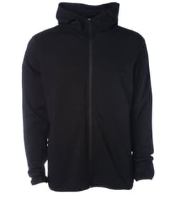 A black zip-up hooded sweatshirt with a front zipper and a hood. It features a logo on the design.