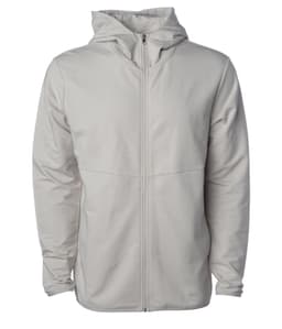 A light grey zip hoodie with a hood and front zip closure. It features a logo on the fabric.